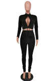 Black Sexy Solid Hollowed Out Fold O Neck Long Sleeve Two Pieces