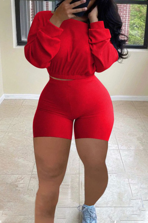 Red Work Daily Solid O Neck Long Sleeve Two Pieces