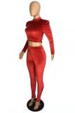 Wine Red Polyester adult Casual Fashion Two Piece Suits Solid Patchwork pencil Long Sleeve Two-piece Pants S