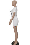 White Polyester Fashion Active adult Ma'am O Neck Print Two Piece Suits Stitching Plus Size
