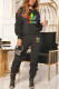 Black Fashion Casual Print Fold O Neck Long Sleeve Two Pieces
