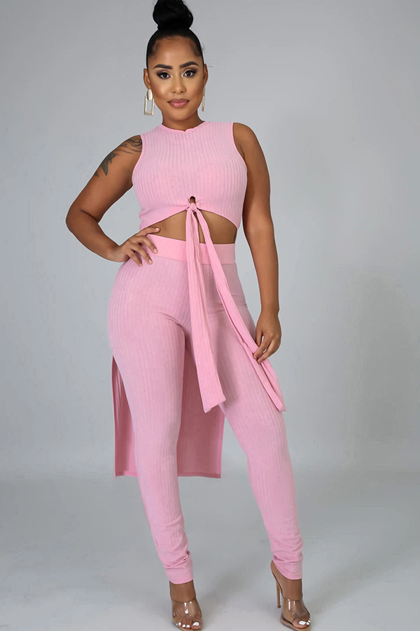 Pink Fashion Casual adult Ma'am Patchwork Solid Two Piece Suits Straight Sleeveless Two Pieces