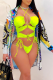 Fluorescent Green Sexy Print Hollowed Out Split Joint Swimwears