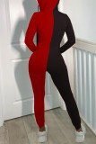 Black and red Fashion Casual Patchwork Split Joint Hooded Collar Skinny Jumpsuits