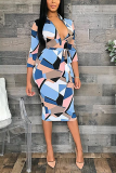 Colour Casual Print Split Joint Turndown Collar Wrapped Skirt Dresses