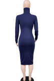 Royal blue Fashion Sexy Adult Milk Fiber Solid Split Joint Turtleneck Long Sleeve Knee Length One-piece Suits Dresses