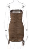 Coffee Sexy Solid Patchwork Draw String Strapless Pencil Skirt Dresses