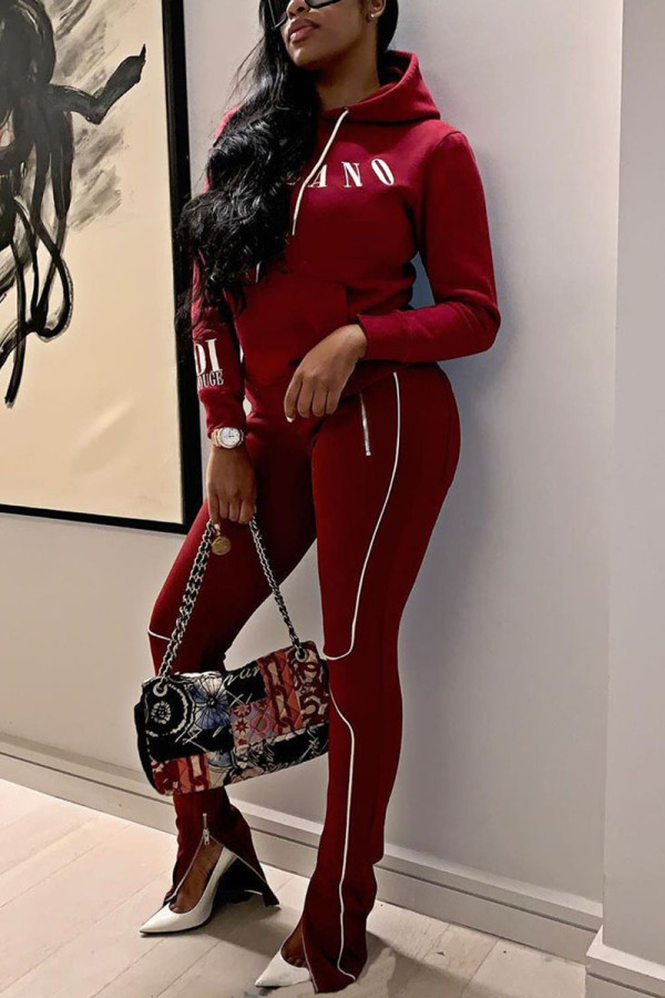 Wine Red Fashion Casual Adult Letter Split Joint Hooded Collar Long Sleeve Regular Sleeve Regular Two Pieces