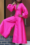 Pink Vintage Solid V Neck Regular Jumpsuits