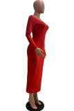 Red Sexy Casual Solid V Neck Pencil Skirt Dresses
