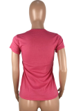 rose red Polyester O Neck Short Sleeve Print