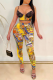 Yellow Print Patchwork Spaghetti Strap Sleeveless Two Pieces