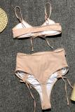 Beige Draped backless crop top Tassel bandage Solid Fashion Sexy Tankinis Set