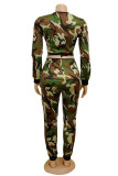 Camouflage Sexy Print Bandage Hollowed Out V Neck Long Sleeve Two Pieces