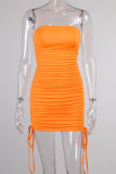 Orange Sexy Solid Backless Fold Strap Design Strapless Sleeveless Dress