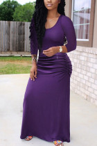 purple Polyester Fashion adult Ma'am Sweet Cap Sleeve 3/4 Length Sleeves Square Swagger Floor-Length Solid Draped Dresses