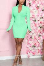 Light Green Polyester Fashion Casual adult Ma'am Cap Sleeve Long Sleeves O neck Step Skirt Knee-Length Solid Dresses