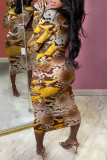 Yellow Sexy Print V Neck Pencil Skirt Dresses