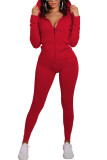 Wine Red Fashion Sexy Adult Solid Pocket Hooded Collar Skinny Jumpsuits