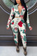 White Sexy Print Wapiti Patchwork Zipper Collar Long Sleeve Two Pieces