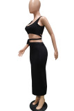 Black Fashion Sexy Solid Backless Strap Design U Neck Sleeveless Two Pieces