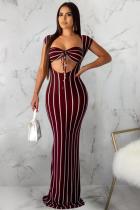 Wine Red Polyester Sexy Fashion Solid Slim fit Striped Regular Sleeveless Two-Piece Dress