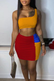 Red Fashion Sexy Patchwork Backless One Shoulder Sleeveless Two Pieces