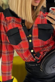 Red Casual Plaid Buckle Turndown Collar Tops
