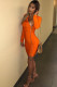 Orange Polyester Sexy Cap Sleeve Long Sleeves Half-Open collar Step Skirt Knee-Length chain Solid Patchwork