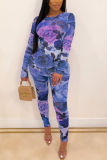 Purple Sexy Casual Print Split Joint O Neck Long Sleeve Two Pieces