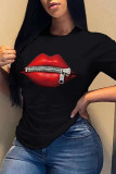 Black Fashion Casual Lips Printed Basic O Neck T-Shirts