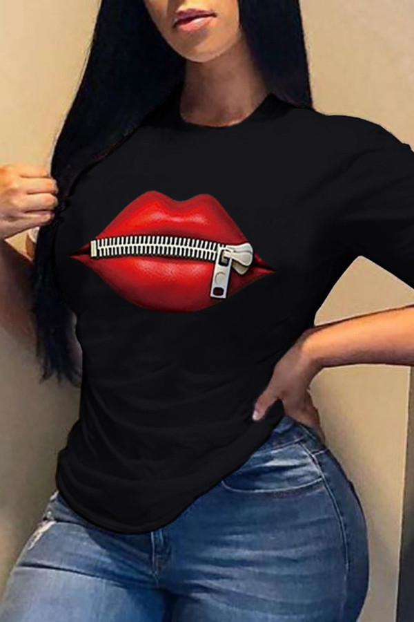 Black Fashion Casual Lips Printed Basic O Neck T-Shirts