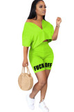 Fluorescent green Fashion adult Ma'am Street Letter Patchwork Solid Two Piece Suits pencil Short Sleeve Two Pieces