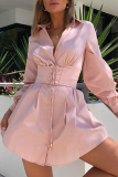 Pink Sexy Solid Patchwork Turndown Collar Waist Skirt Dresses