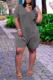 Red Fashion Casual Solid Basic V Neck Regular Rompers