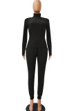 Black Polyester Casual Two Piece Suits Solid Patchwork pencil Long Sleeve Two-piece Pants Set