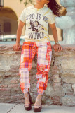 Pink Fashion Casual Plaid Print Basic Regular Mid Waist Trousers