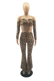 Brown Fashion Sexy Print Hollowed Out Strapless Long Sleeve Two Pieces