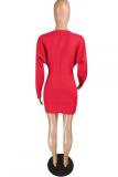 Red Fashion adult Casual Cap Sleeve Long Sleeves V Neck Step Skirt Mini Patchwork Solid Beadin