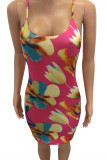 Rose Red Fashion Sexy Print Backless O Neck Sling Dress
