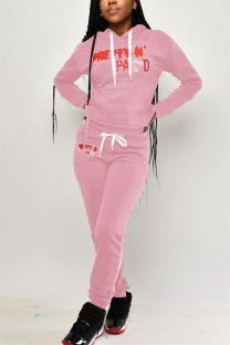 Pink Fashion Casual Letter Print Hooded Collar Long Sleeve Two Pieces