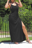 Black Casual Red Black Grey Spaghetti Strap Sleeveless V Neck Step Skirt Ankle-Length Print Solid Dresses