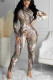 Grey Casual Floral Patchwork Tie-dye O Neck Regular Jumpsuits
