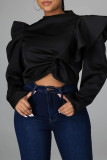 White Fashion Casual Solid Patchwork Flounce Half A Turtleneck Tops