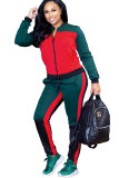 Red Polyester Drawstring Long Sleeve Mid Patchwork Straight Pants Two-piece suit