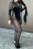Black Fashion Sexy Patchwork Solid See-through O Neck Skinny Jumpsuits