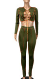 Olive Green Sexy Striped Bandage Hollowed Out Asymmetrical V Neck Long Sleeve Two Pieces