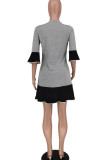 Grey Polyester Sexy Cute Casual Europe and America Princess sleeve O neck A-Line skirt Patchwork Dresses