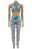 Blue Sexy Print Patchwork Sleeveless Two Pieces