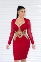 Red Polyester Sexy Fashion adult Cap Sleeve Long Sleeves V Neck Step Skirt Knee-Length Patchwork Embroid